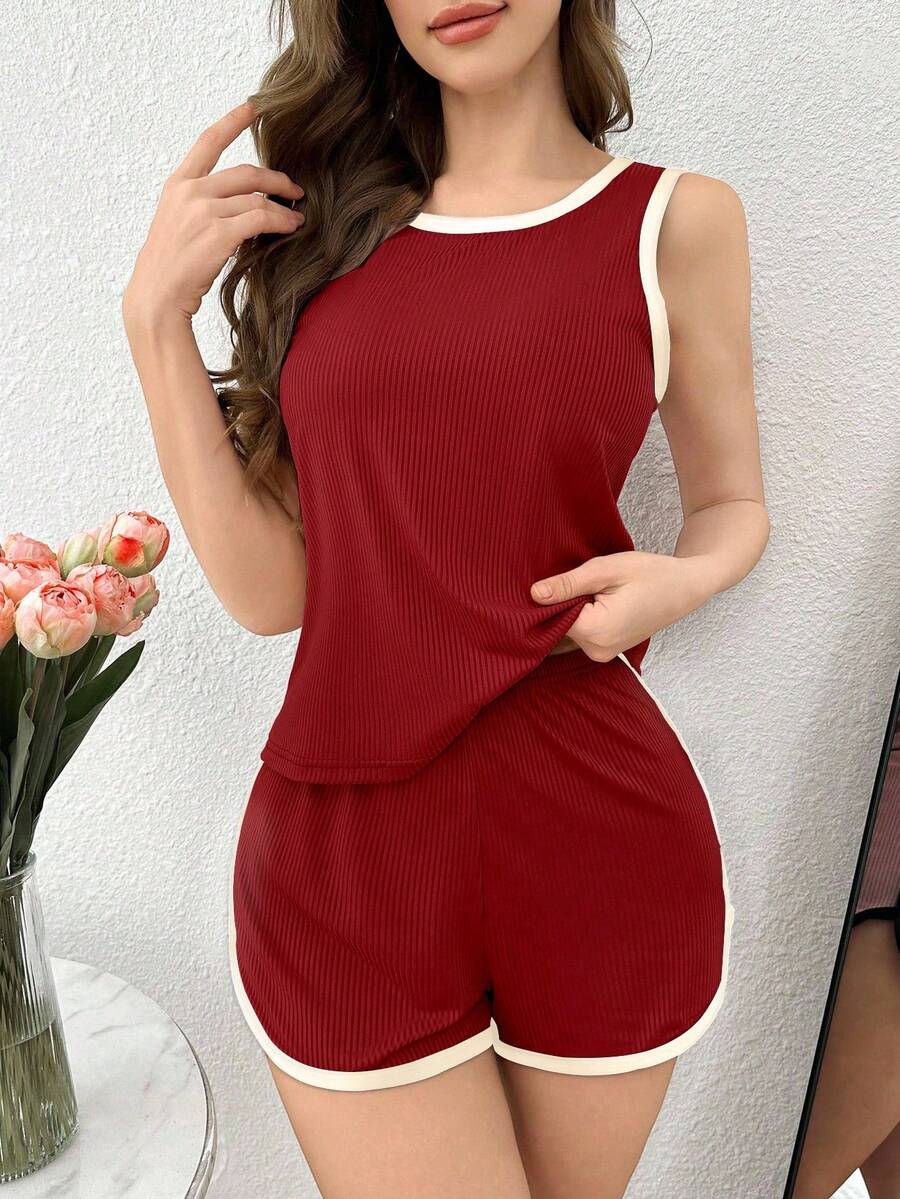 Women 2pcs Contrast Trim Ribbe - Tank Top Ribbed 评论和价格