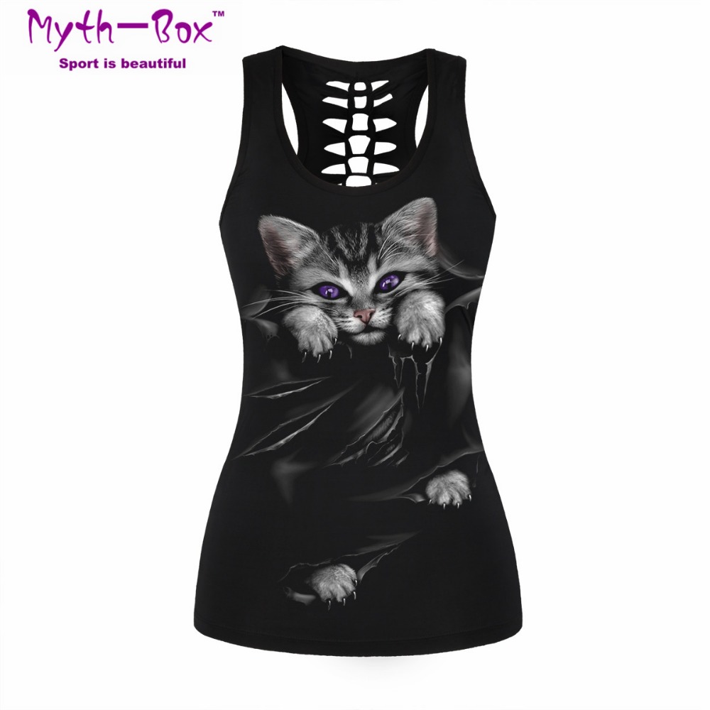 Women Sport Vest Bad Cat Print - Sleeveless Undershirt 评论和价格